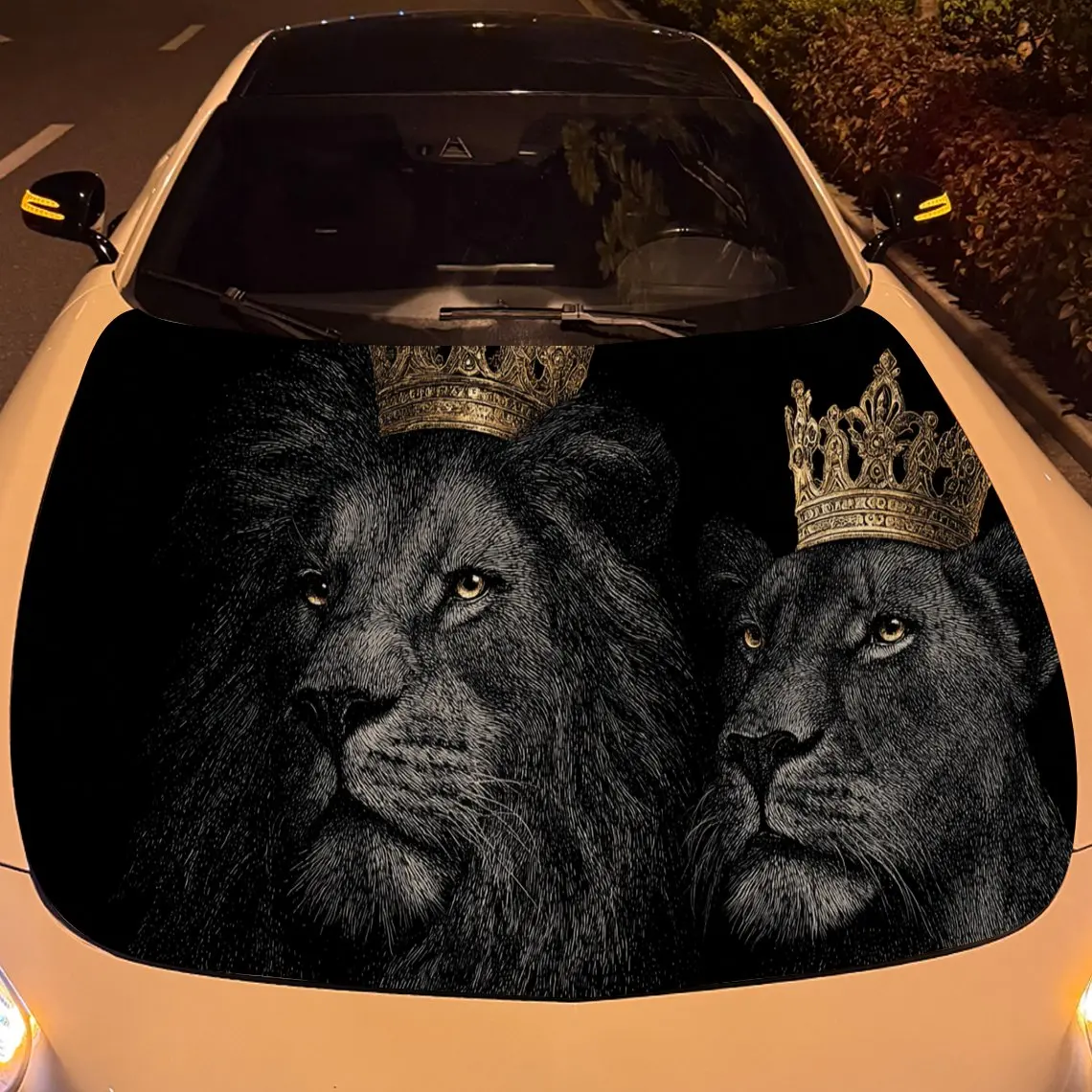 Car Decal Lions (Male and Female) with Golden Crowns in Artistic Dark Background & Royal-Distinguished Visual Details Car Hood S - view 5