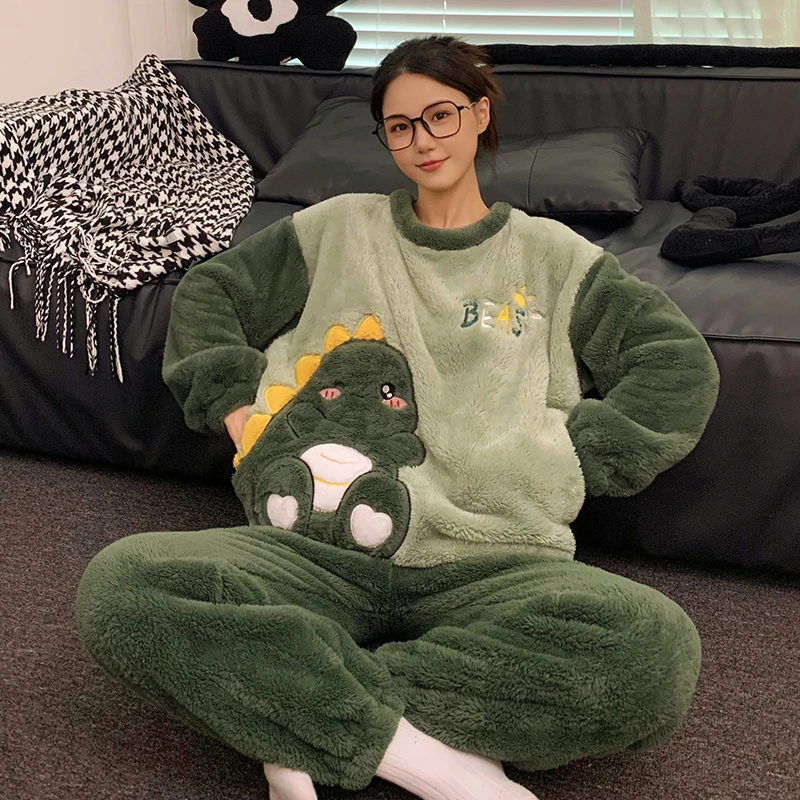 Adult Pajama Sets Women Men Cartoon Dinosaur Sleepwear Winter Thicken Home Clothes Coral Velvet  Korean Loose Pyjama Loungewear