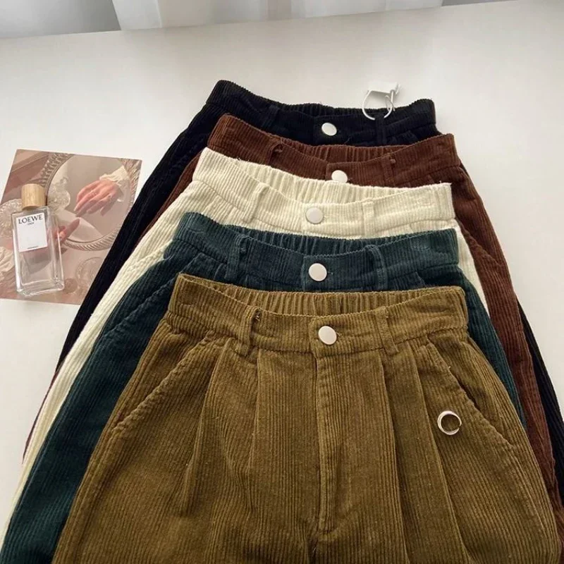 High Waist Corduroy Pants Women Spring Fall Straight Causal Full Length Trousers Korean Fashion Baggy All Match Black Pant