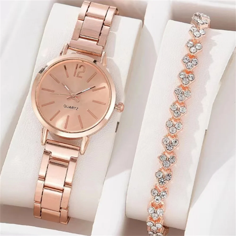 Ladies Fashion Simple Digital Alloy with Quartz Watch Bracelet 2pcs Set Luxury Women Simple Dial Ladies Watches