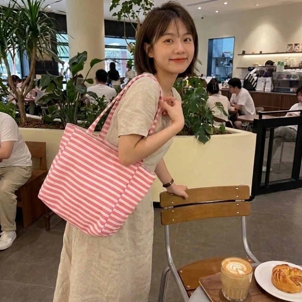 Y2K Large Capacity Canvas Tote Bag Thin Thick Striped Lightweight Shoulder Bag Pink Reversible Handbag Daily