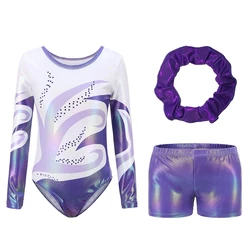 Leotards For Girls 3Pcs Ballet Dance Gymnastics Suit Fashion Gradient Gilding Rhinestone Inlay Bodysuit With Shorts And Headband