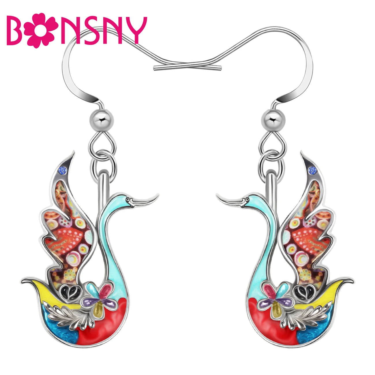 BONSNY Enamel Alloy Metal Floral Cute Goose Swan Earrings Drop Dangle Charms Luxury Fashion Jewelry Gifts For Women Girls Teens