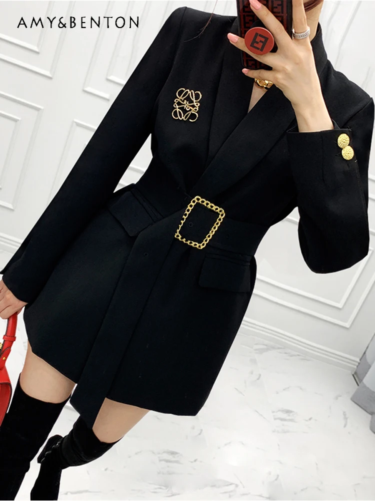 

Temperament Slim Lace-up Blazers Commuter Style Graceful Mid-length Blazer Women Autumn New Cross-neck Versatile Black Jackets