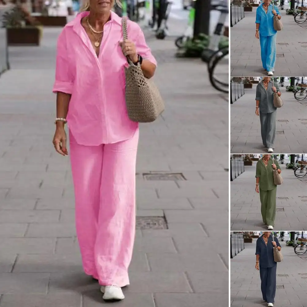 Traje de lino y algodón para mujer, camisa de manga larga elegante, pantalones sueltos, conjuntos de 2 piezas, ropa de calle Simple, trajes casuales