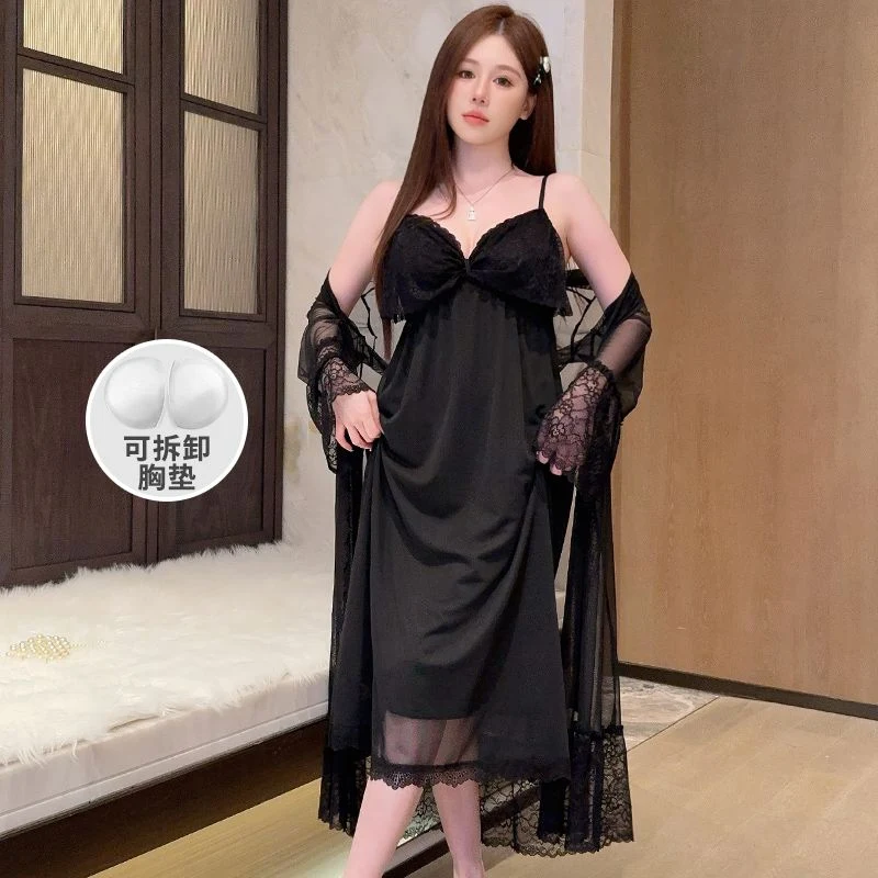 2피스 섹시 레이스 란제리 실크 새틴 나이트가운 로브 세트 (여성용) 2025 가을 한국식 목욕가운 잠옷 나이트드레스