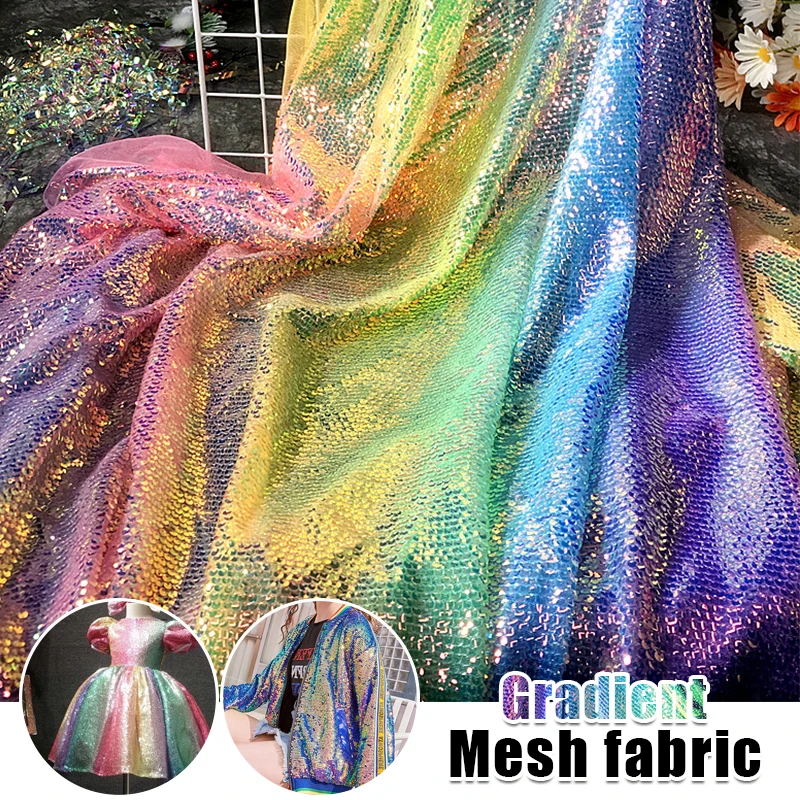 50x130cm Gradient Color Rainbow Shiny Material Sequin Fish Scale Fabric for Dress Suit DIY Sewing Craft Clothing Supplies