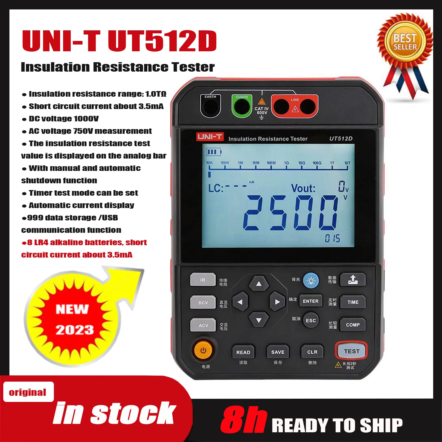 

UNI-T UT512D UT512E 2.5KV Insulation Resistance Tester Megohmmeter Ohm Digital Insulation Resistance Meter Data Storage.