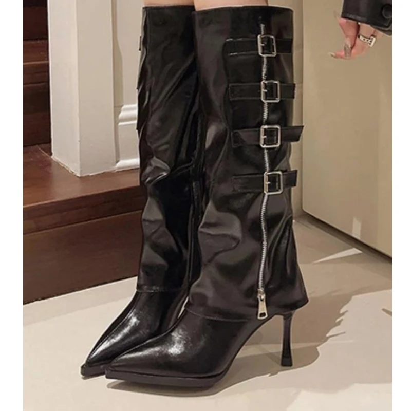 

Balck Belt Buckles Side Zipper Stilettotrouser Boots Woman Winter 2025 White Pointed Knee-High Boots Fashion Luxury for Women