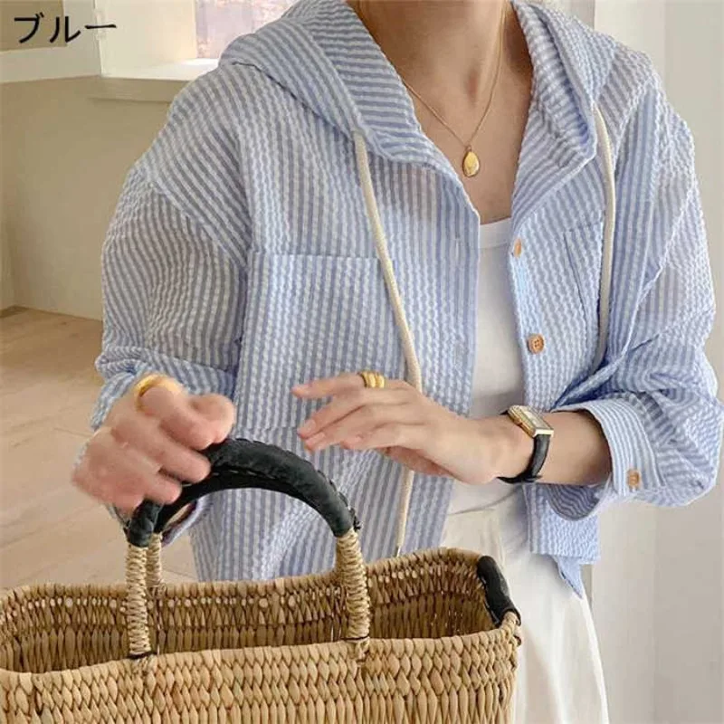 Abrigo holgado de verano para mujer, protección solar Irt Ort Svel Sweet Sle, aire acondicionado con sombrero, patrón de rayas, nuevo modelo