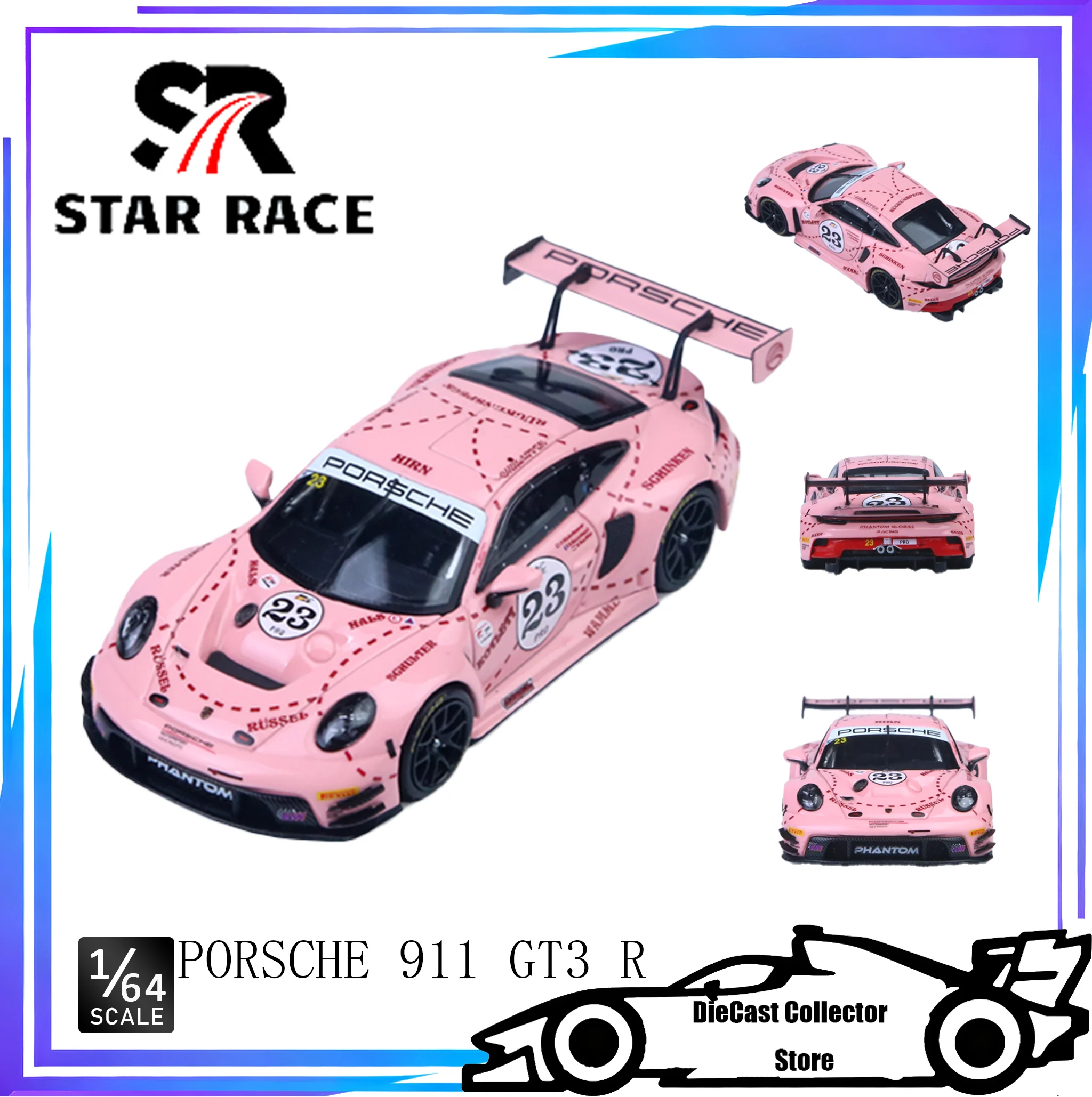 STAR RACE 1/64 Prosche 911 GT3 R - Regalo modello di auto in lega di maiale rosa
