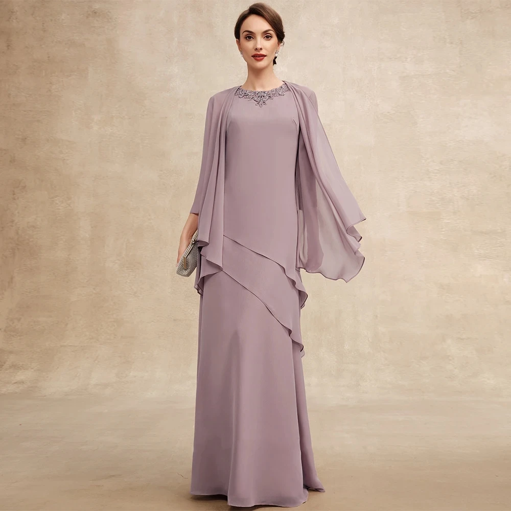 

2026 Chiffon Mother of The Bride Dress with Jacket Crew Sleeveless Beading Applique Tiered A Line Wedding Guest Gown Plus Size