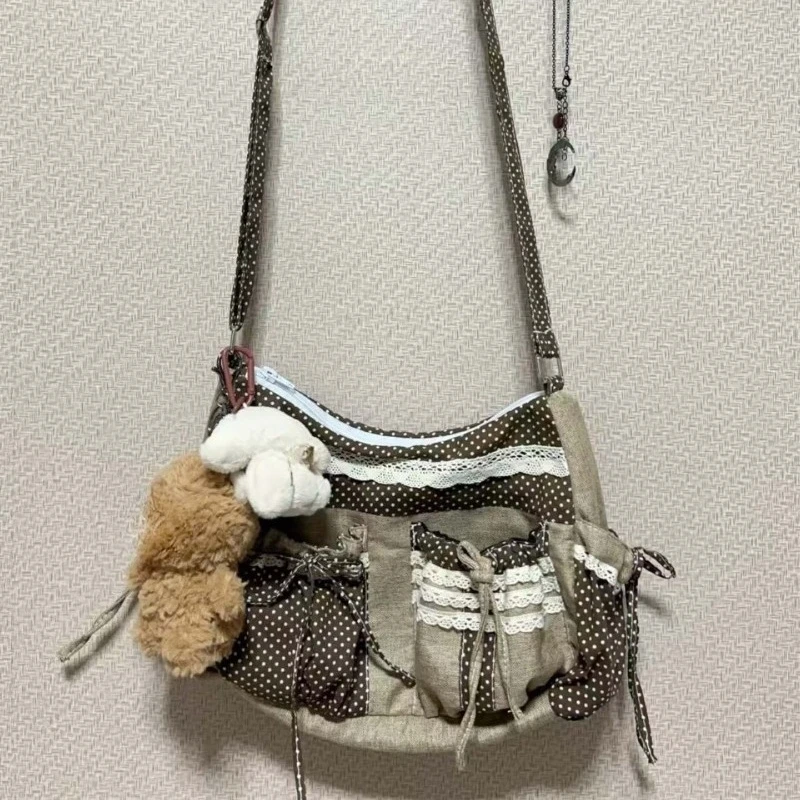 

Vintage Casual Harajuku Dots Shoulder Bag Patchwork Lace Contrast Color Bow Handbags New Women Pockets Y2k Grunge Crossbody Bags