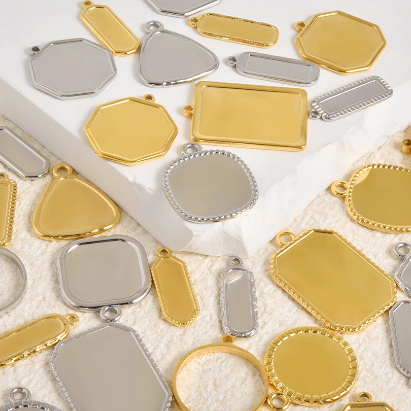 6 قطعة الفولاذ المقاوم للصدأ هندسية فلاتباك فارغة كابوشون قاعدة قلادة لصنع المجوهرات الشرير غير النظامية النقش صينية الحافة Colgantes