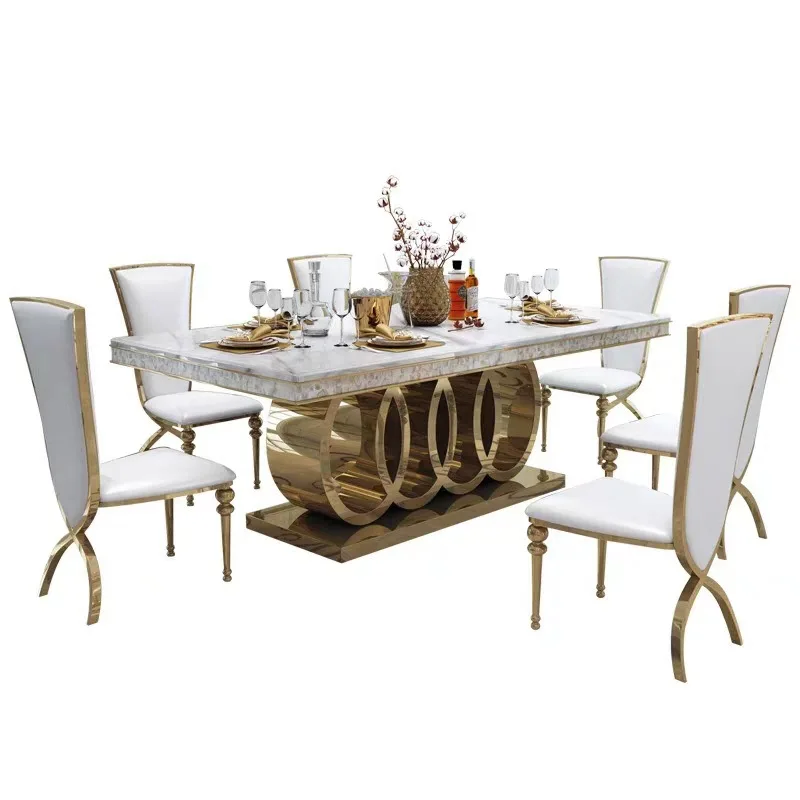 

Hong Kong-style stainless steel marble dining table and chair combination modern simple home villa table large apartment