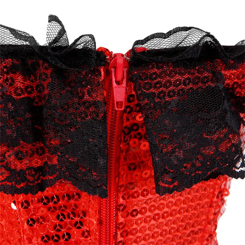 Gothic Red Corset for Women Sexy Lace Corset with Garters Vintage Lace Up Corset Top Sequin Sliver Bustier Overbust