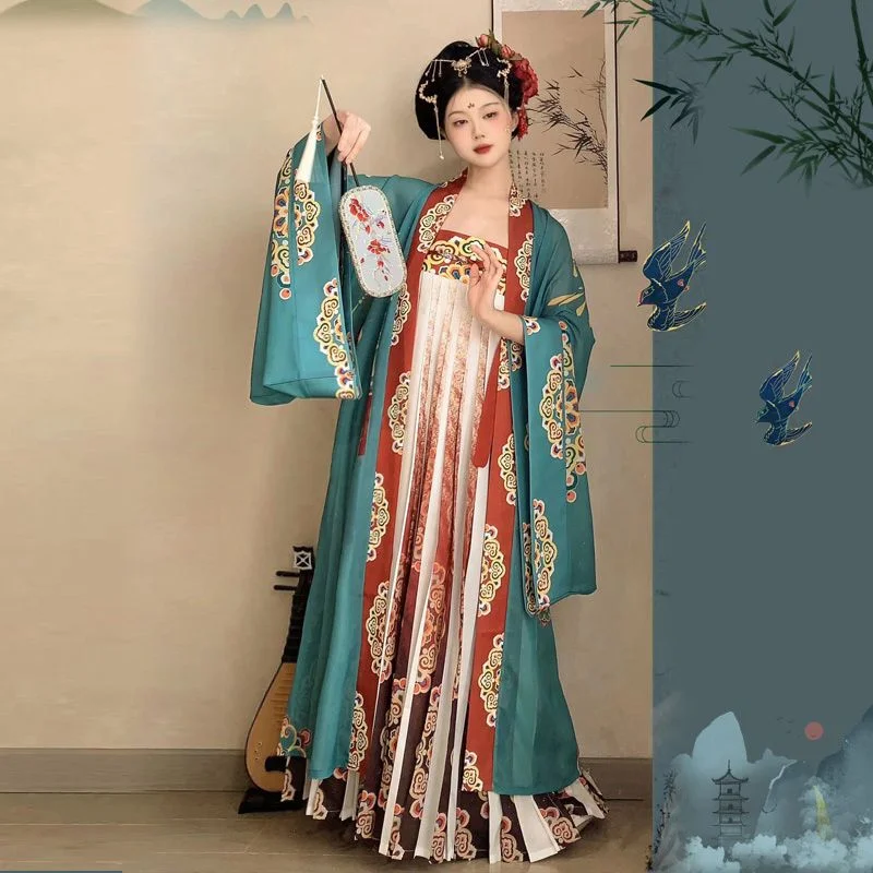 Original Hanfu Women Ancient Costume Elegant Tang Dynasty Traditional Princess Dress Cosplay Flower Print Dance Stage Dress Set