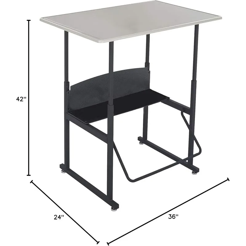 Adjustable height desk, standard depth desktop, swing-out footrest