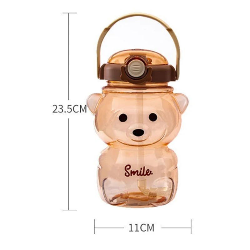 Garrafa de água com palha para crianças, Copo com urso, Caneca Kawaii, Copo de plástico para meninas, Copo bonito para esportes ao ar livre, 1 L, verão