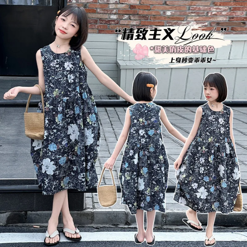 

Girls' Dress, Sleeveless Tank Beach Dress, Teen Printed Maxi Dress, Perfect for Beach Leisure, Summer Children's Dress