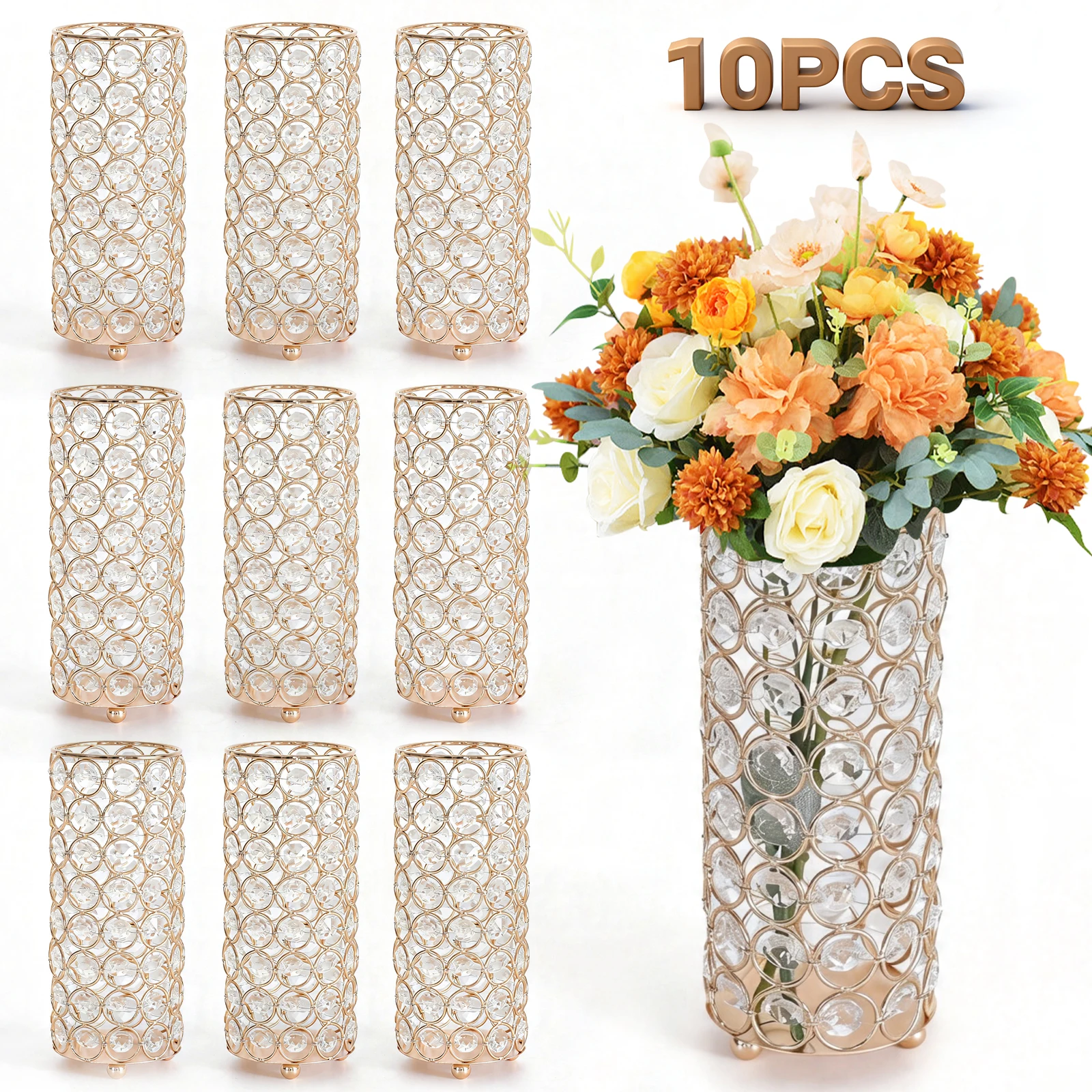 

10Pcs Gold Crystal Flower Vase and Pillar Candle Holder Set, Metal Cylinder Stand for Wedding Table Centerpieces, Flower Arrangements, Christmas Party, Event Decor, and Gifts