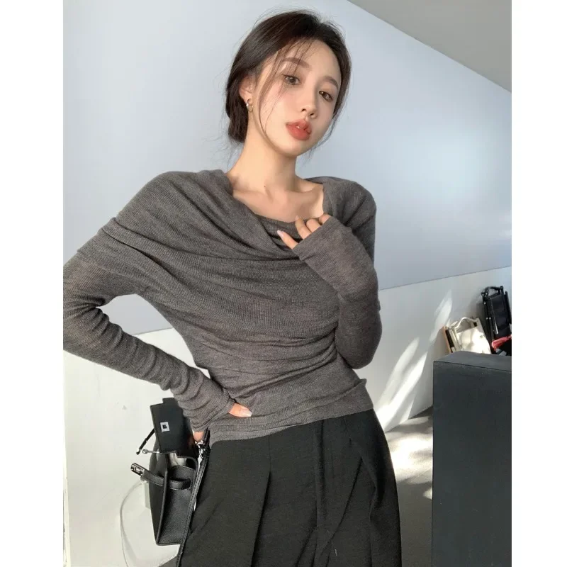 

Temperament Tshirts Women Clothing Sexy Slash Neck Tunic Sexy Folds Knitted Tees Ropa Mujer Fashion Korean Tops Y2k T-shirt