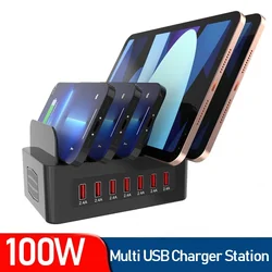 100W Multi Tablet USB Charger 7 Port USB Fast Charging Station Phone Stand PD QC3.0 Carregador For iPhone 13 Ipad Samsung Xiaomi