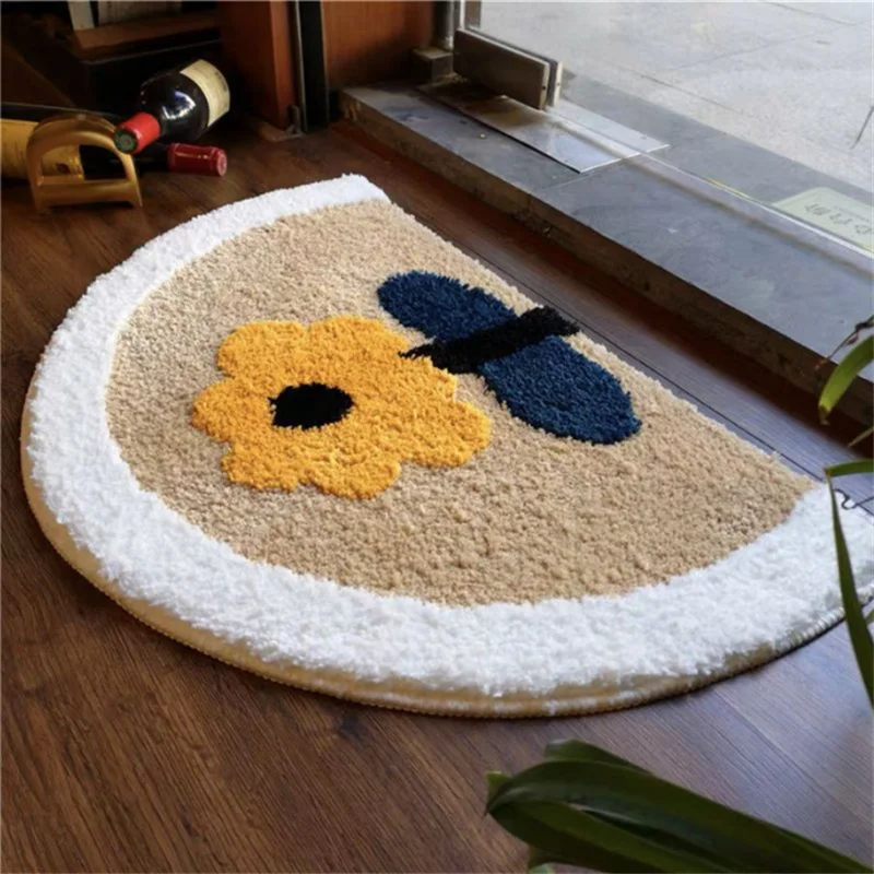 Floral Semi-Circle Anti-Slip Floor Mat Minimal Design Absorbent Dirt Resistant Home Bathroom Foot Mat