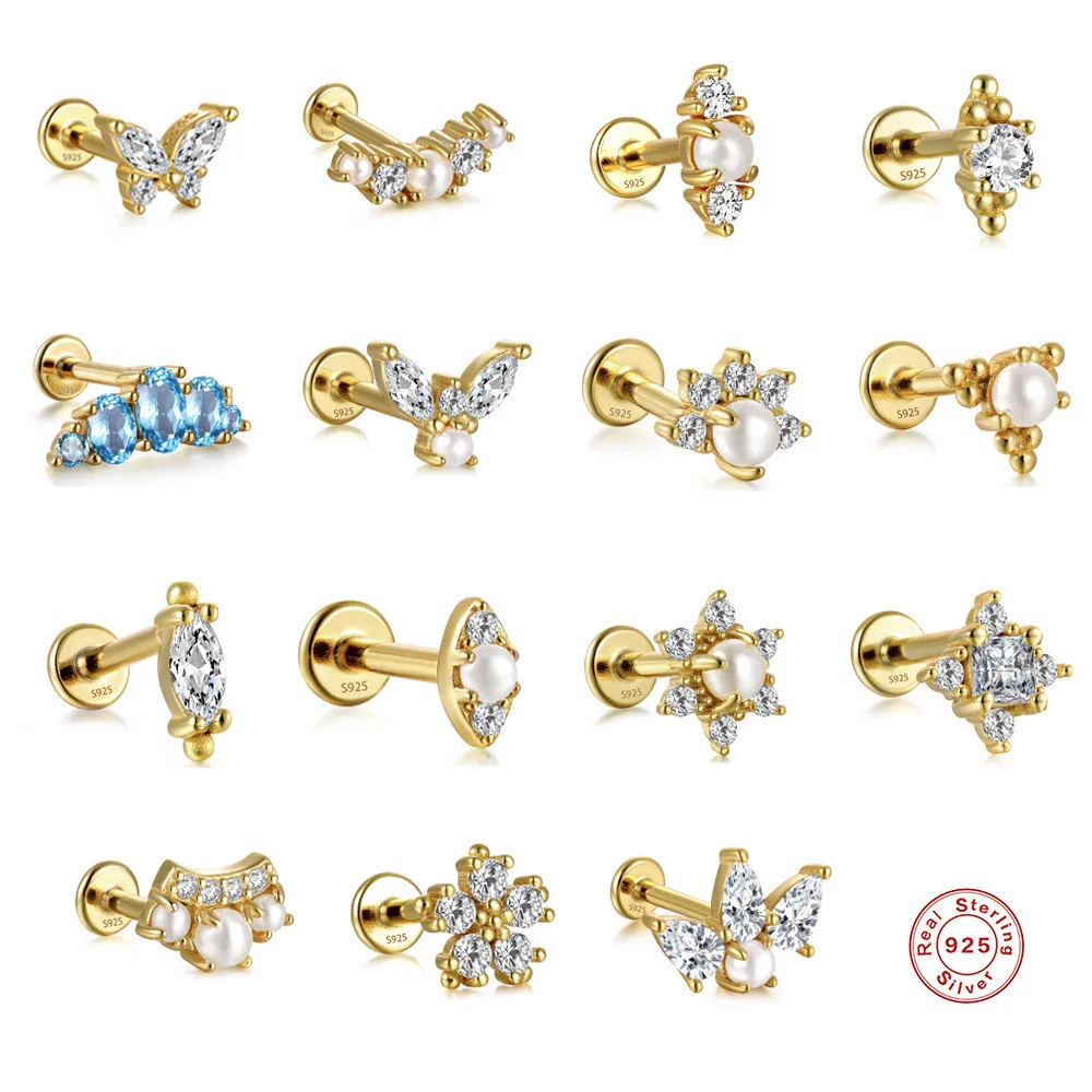 925 Sterling Silver Zircon Pearl Flower Butterfly Body Jewelry Party Creative Single Stud Earrings Women's Charm Accessories