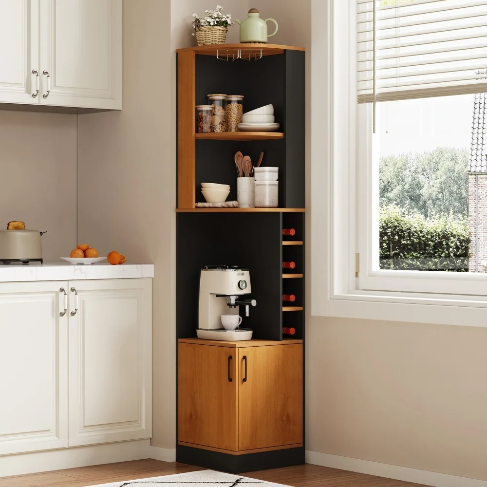Mobile bar angolare per vini, 40 x 40 x 182 cm, unità di stoccaggio angolare autoportante con portabottiglie e porta bicchieri, ante del mobile, mobile bar salvaspazio per cucina, sala da pranzo e