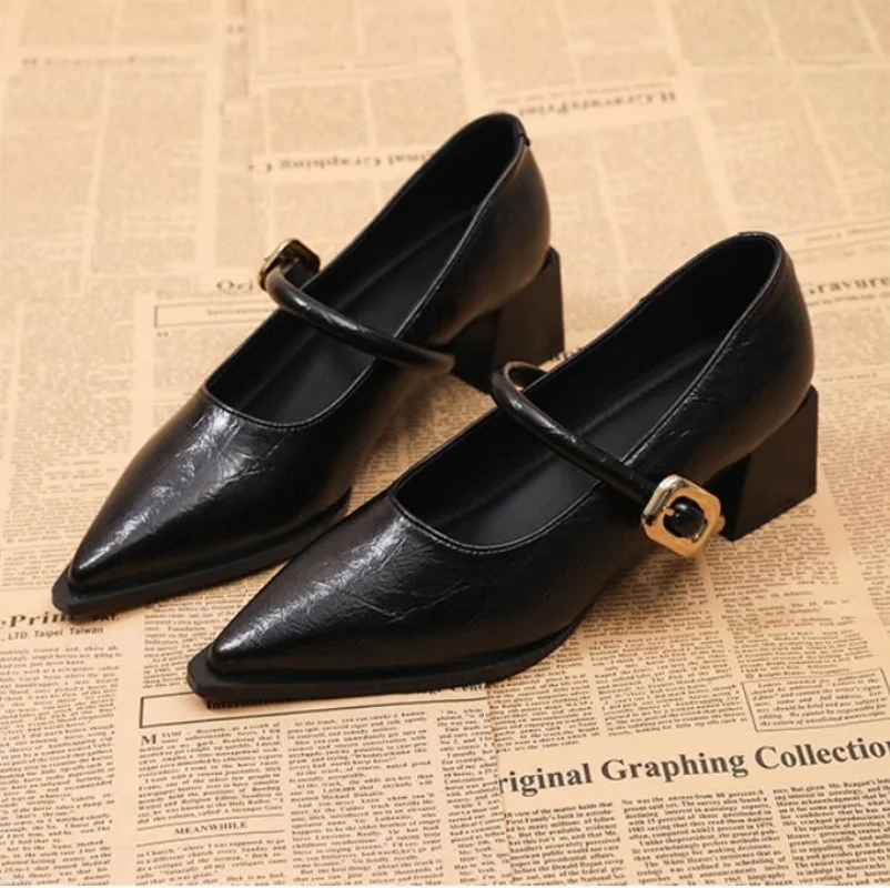 

2026 Premium Leather Mary Janes Vintage Pointed Toe Pumps Chunky Heel Single Strap Shoes Buckle Decor