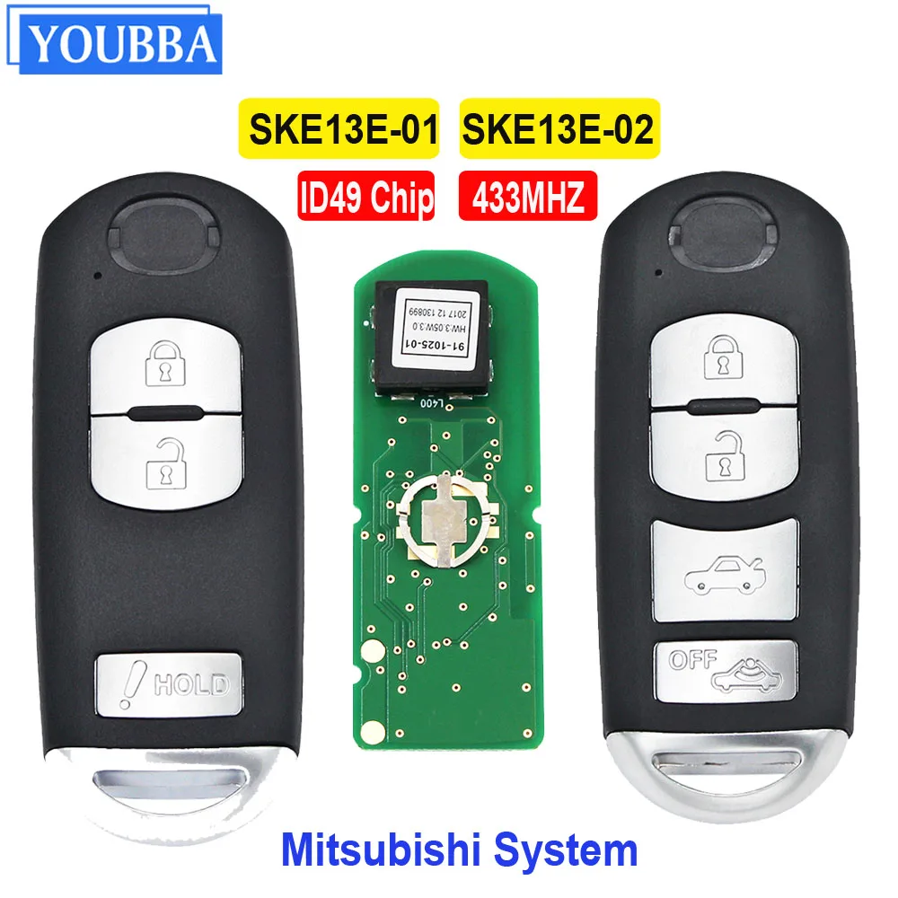 YOUBBA Smart Remote Car Key Fob 433MHz 49 Chip for Mazda (Mitsubishi System) 6 3 MX-5 CX-3 CX-5 CX-7, SKE13E-01 SKE13E-02