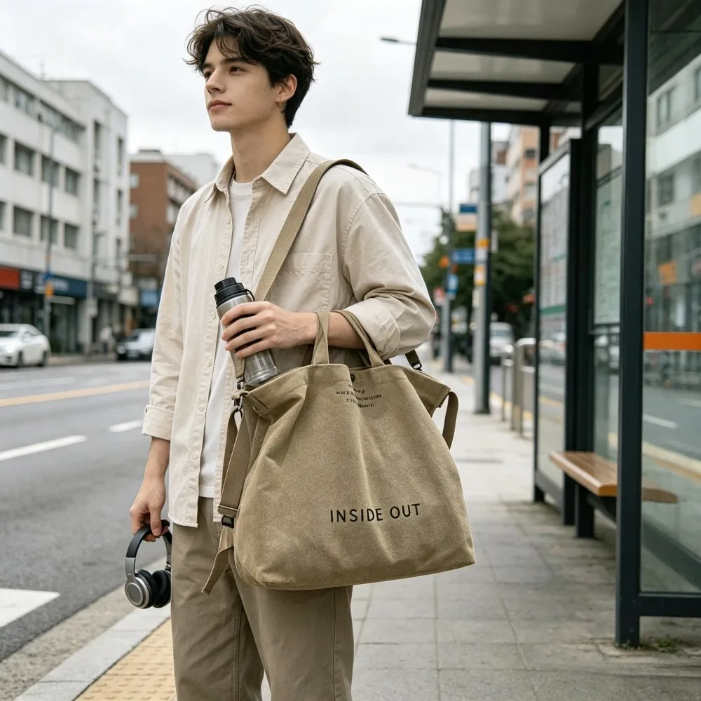 Khaki Vintage Canvas Crossbody Bag for Men 1 Pack, Large Capacity Shoulder Handbag, Casual Tote Bag for College School Daily Commute