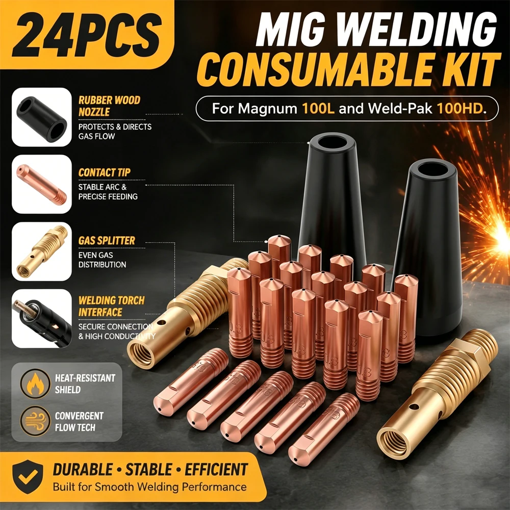 Gasless Mig Welding Nozzle Contact Tips Kit 24PCS Anti Spatter Heat Resistant Flux Core Torch Parts for Lincoln Magnum 100L Shop