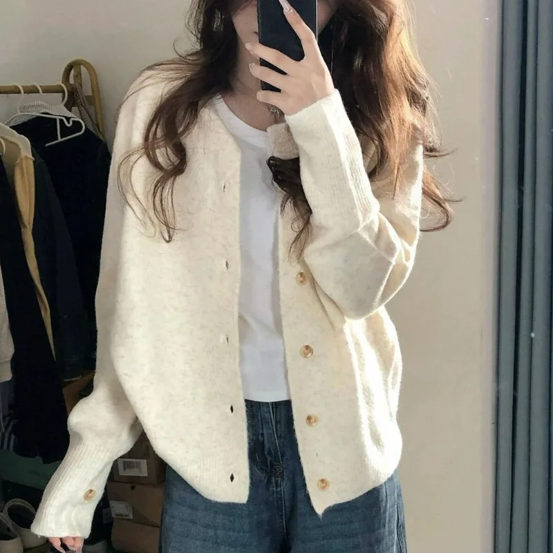 

Cardigans Women Long Sleeve O-neck Korean Style Ins Chic Spring Autumn Casual Solid Minimalist Female Young Streetwear Warm New