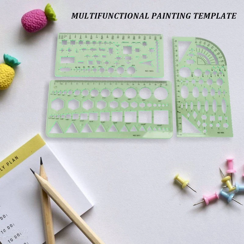 Modèles de mesure en plastique pour le bureau et l\'école, pochoirs de coffrage de construction, règles de dessin géométriques, vert, 6 pièces