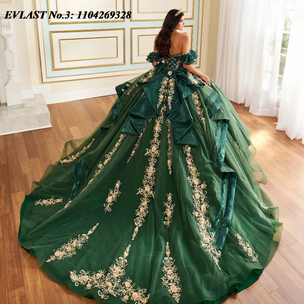 EVLAST Customized Dark Green Quinceanera Dress Ball Gown Gold Lace Applique Beading Tiered Sweet 16 Vestido De 15 Anos E3Q213