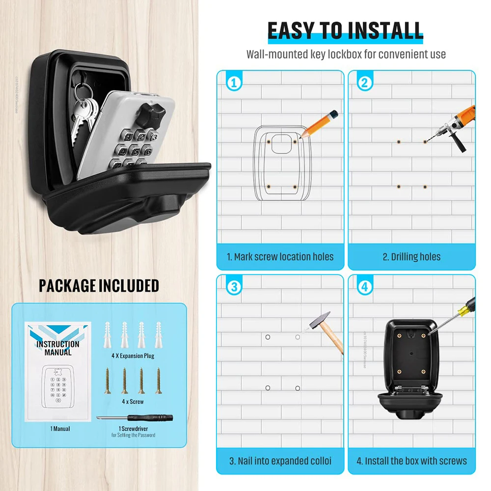 Imagem -05 - Wall Mounted Caixa de Armazenamento Chave Seguro à Prova Dágua Anti-roubo Fechadura Combinada 12-digital Senha Escritório Casa Exterior