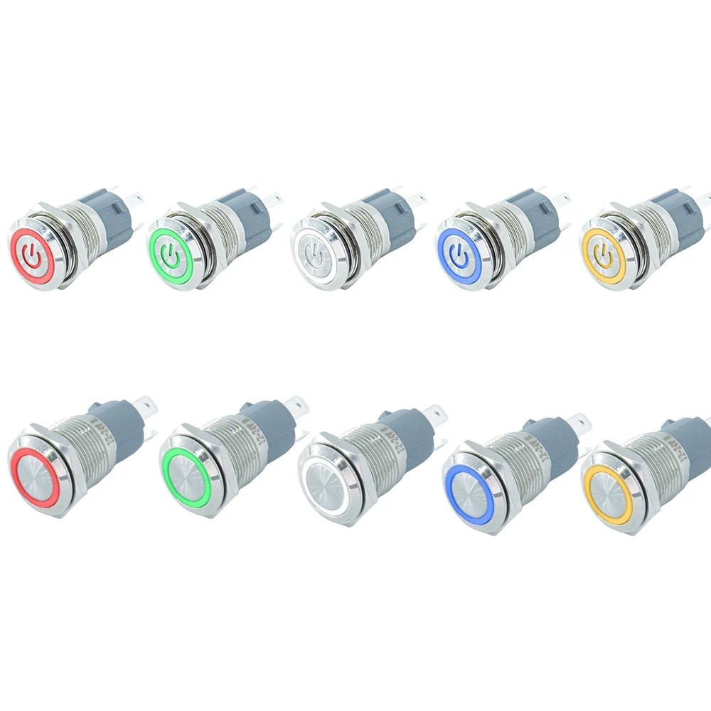 12mm 16mm 19mm 22mm metal push button switch on off power LED light Waterproof Flat circular button 3v 6v 12v 24v 110v 220v ip65