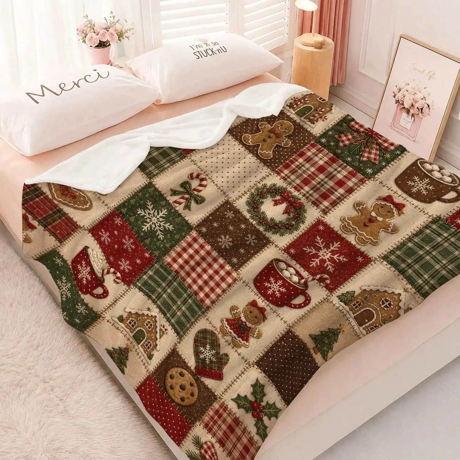 Flannel Fleece Blanket Gingerbread House Cookie Cocoa Patchwork Print Red Green Ultra Soft Throw Blanket Cozy Plush Blanket Lightweight Warm Blanket Machine Washable Blanket All-Season Sofa Bed Blanket For Couch Sofa Bed Bedroom Dorm Holiday Home