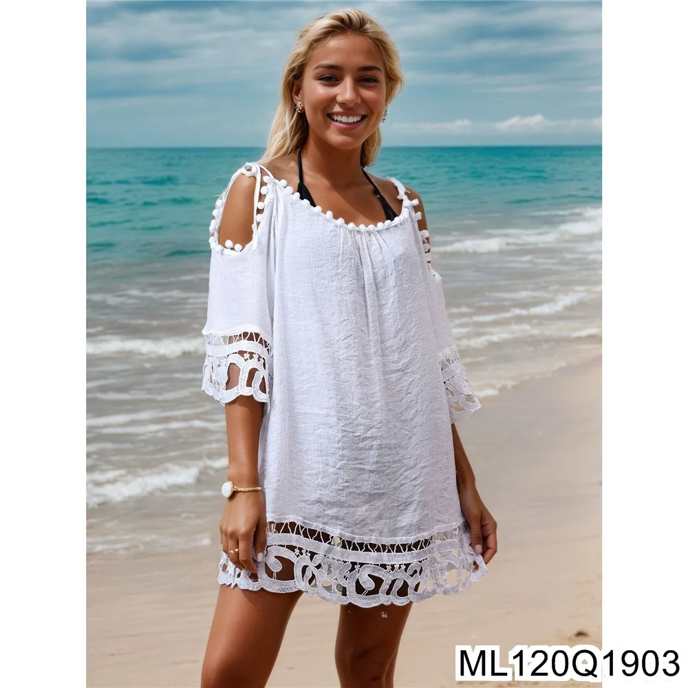 Abito da spiaggia sexy in tinta unita in pizzo scavato, abbigliamento casual ampio per la protezione solare da spiaggia per le vacanze, grembiule da bagno ML120Q19