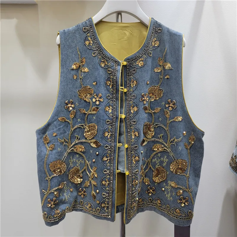 2026 Spring Summer New Fashion Embroidery Sequin Beading Denim Vest Women Layered Light Luxury Cape Top