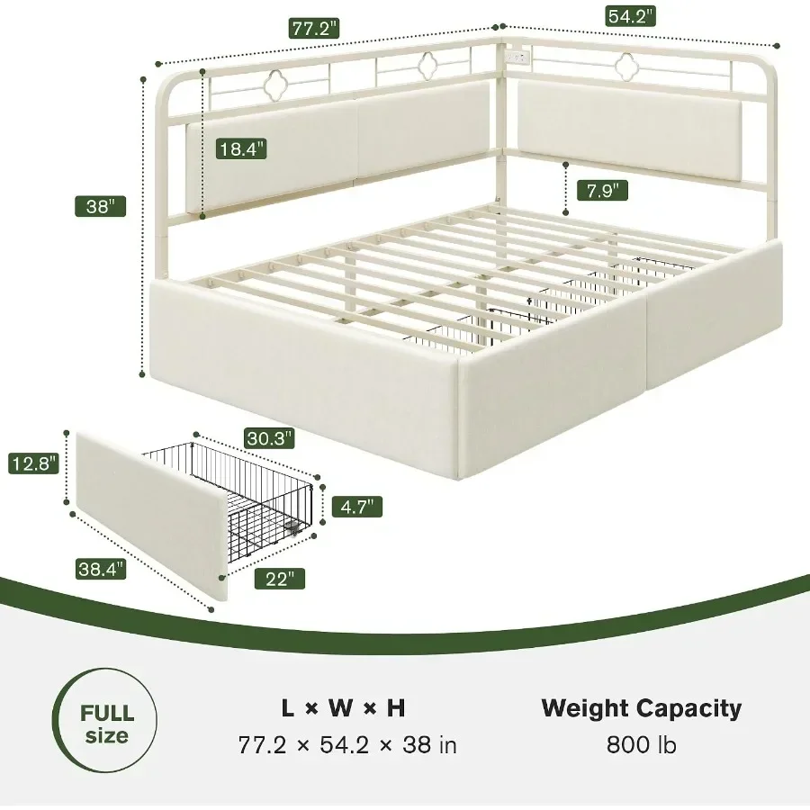Size Corner Bed Frame with Storage Drawers, Charging