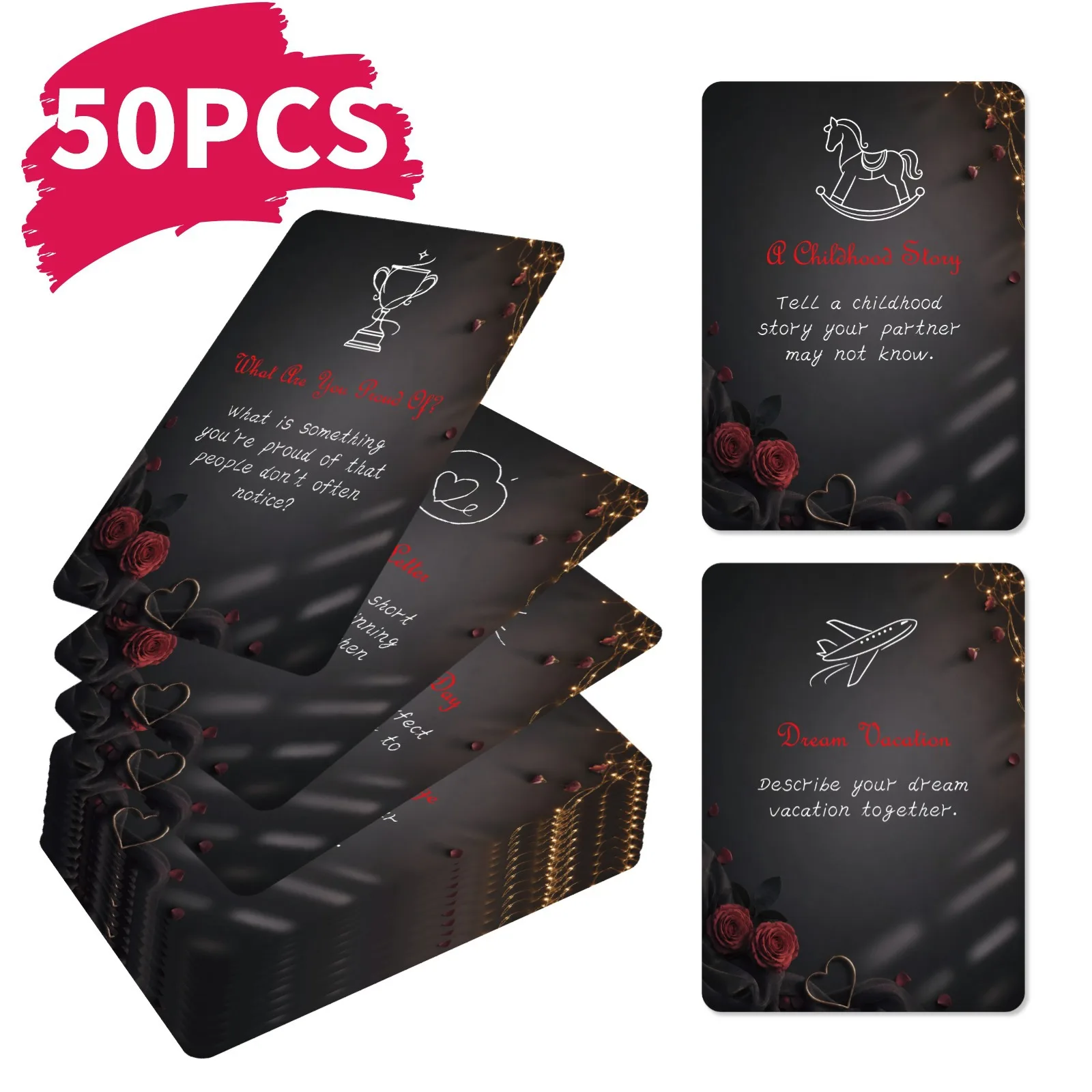 50Pcs Romantic Couple Challenge Cards Black Rose Design Interactive Communication Dating Game Cards for Couples Night