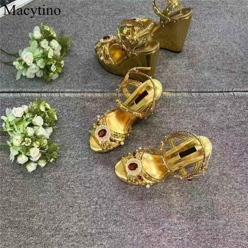 Wedge Heel Design Ladies Sandals Round Toe Gemstone Rhinestone Decorative Heightening Sandals Fashion Party Sandals