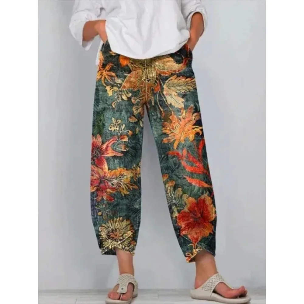 Damen Baumwoll-Caprihose mit Blumenmuster, Lässige Weite Haremshose in Knöchellänge mit Tulpenabschluss, Jogginghose für Tägliche Outdoor-Aktivitäten – Detail 10