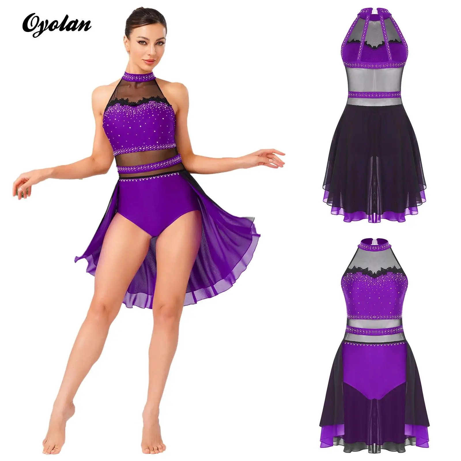 Mulheres ginástica artística ballet jérsei collant figura patinação no gelo vestidos traje brilhante strass malha contornado bodysuit