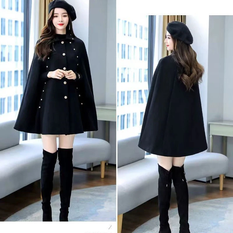 Black Cloak Coat Women\'s Autumn Winter 2024 New Medium Length Loose Woolen Shawl Hepburn Thickened Woolen Coat