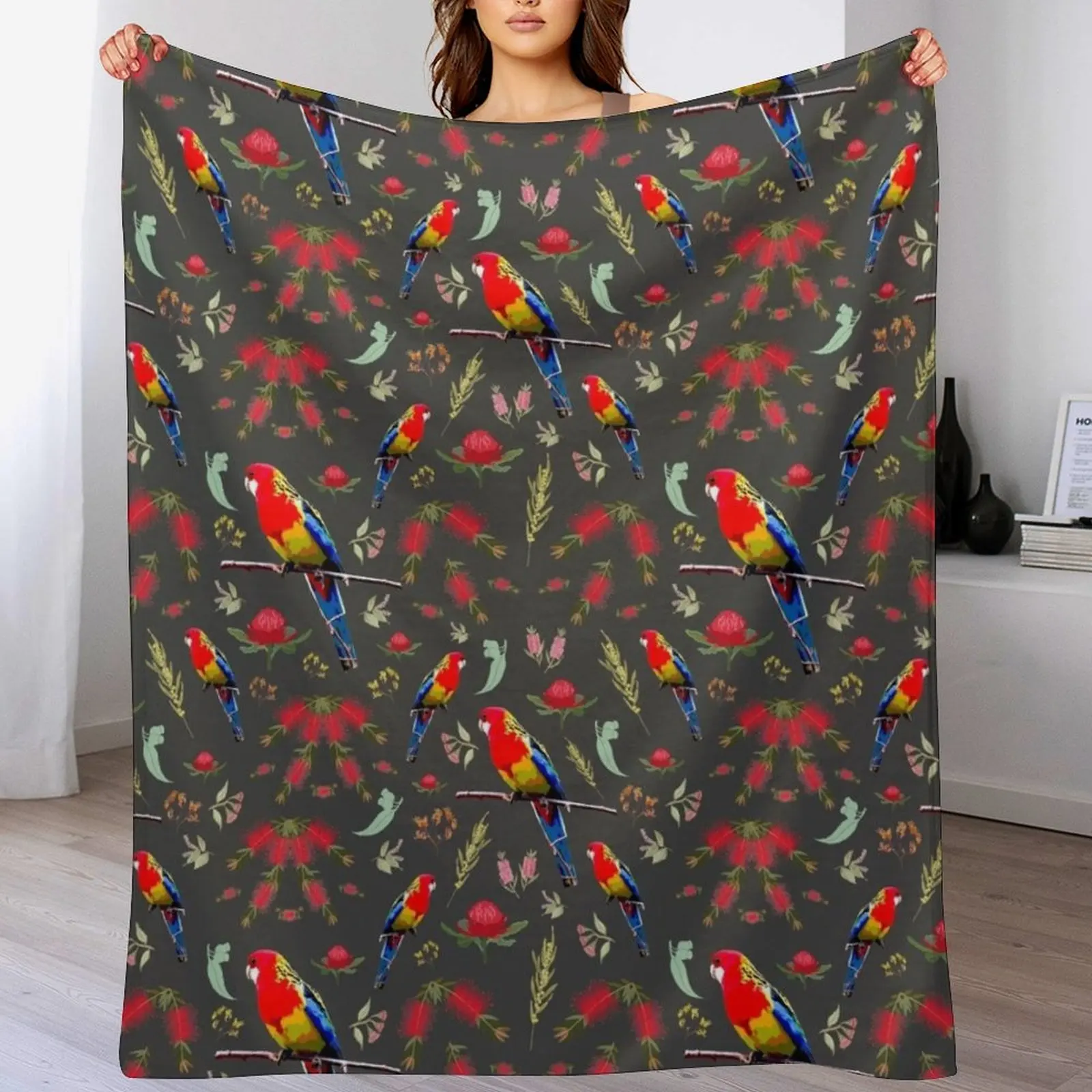 Australiana Rosella Garden - charcoal grey Throw Blanket Custom Soft Big wednesday Blankets