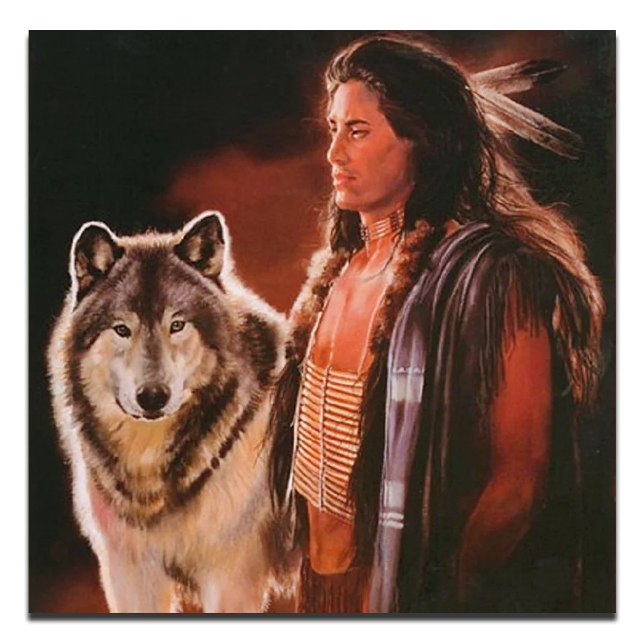 DIY New diamond embroidery mosaic diamond paintings Indian tribe man and Wolf full square round drill Cross stitch rhinestone ar